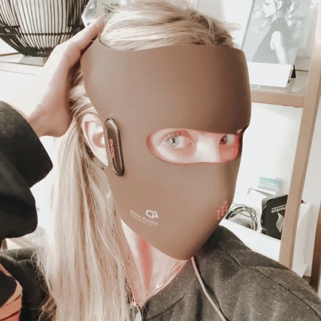 Danielle Keasling wearing a wearable LED mask