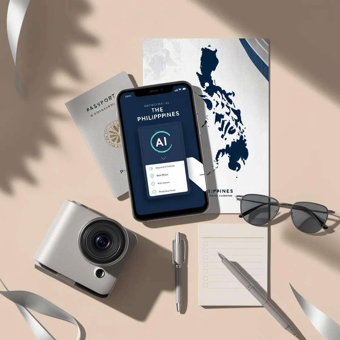 A passport, phone, camera and map of the Philippines laid out on a beige table