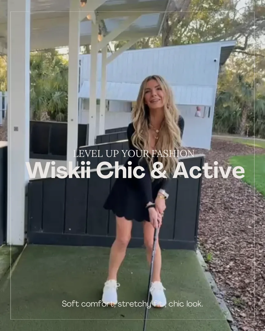 Danielle Keasling in the WISKII scallop dress on a golf course